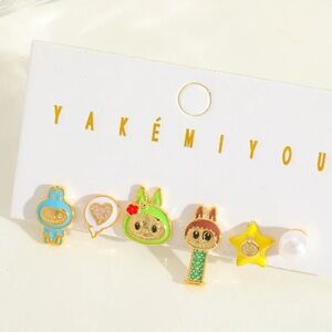 Labubu Inspired 14K Gold Monster Pez Theme Enameled Earrings Mismatched Set